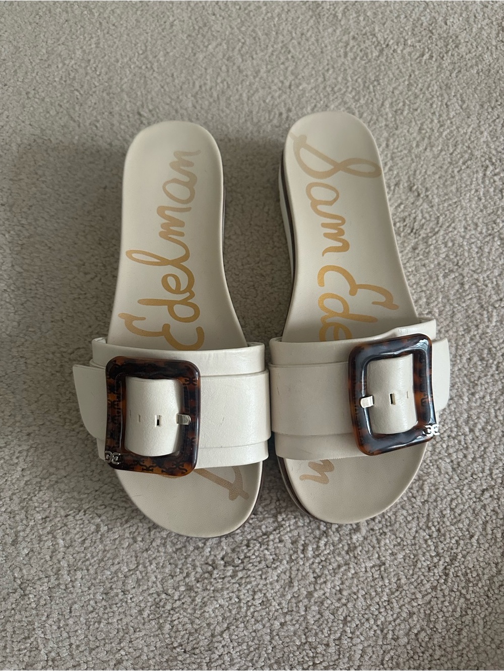 Sam Edelman Cream Slide Sandals with Tortoiseshell Buckle